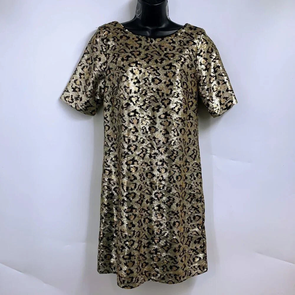 Betsey Johnson‎ Women's Sequin Leopard Sheath Dress Black Gold Size 2